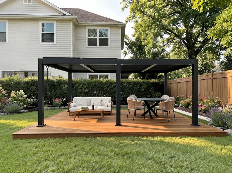 Aluminium louvered pergola over a wooden deck with the slats half closed