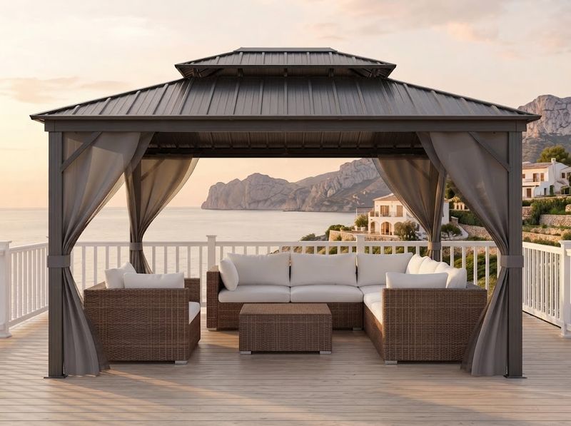 Grey hardtop gazebo with a double steel roof over a patio dining set