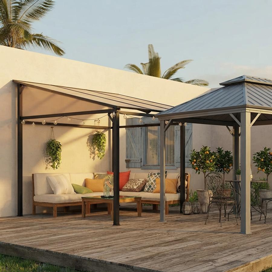 Lean-to hardtop gazebo with white posts covering a back-wall dining table