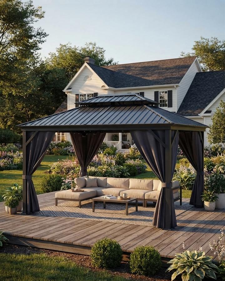 Hardtop gazebo at dusk with privacy curtains drawn and mesh netting closed