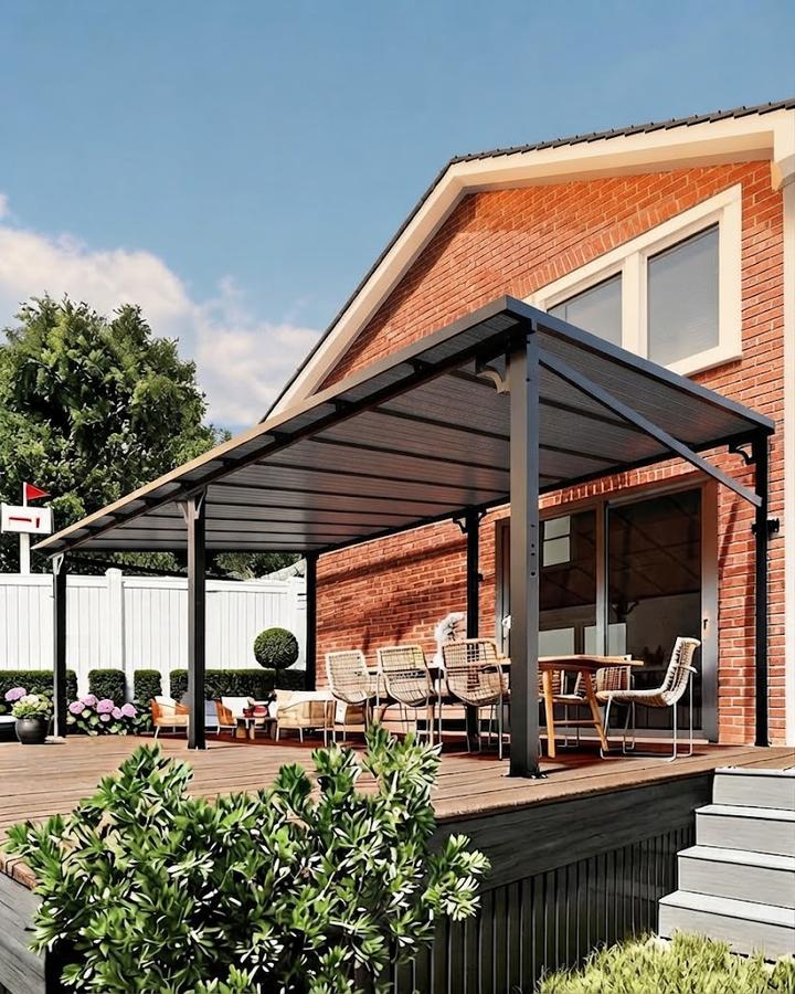 Wall-mounted lean-to gazebo with a polycarbonate roof along a house wall