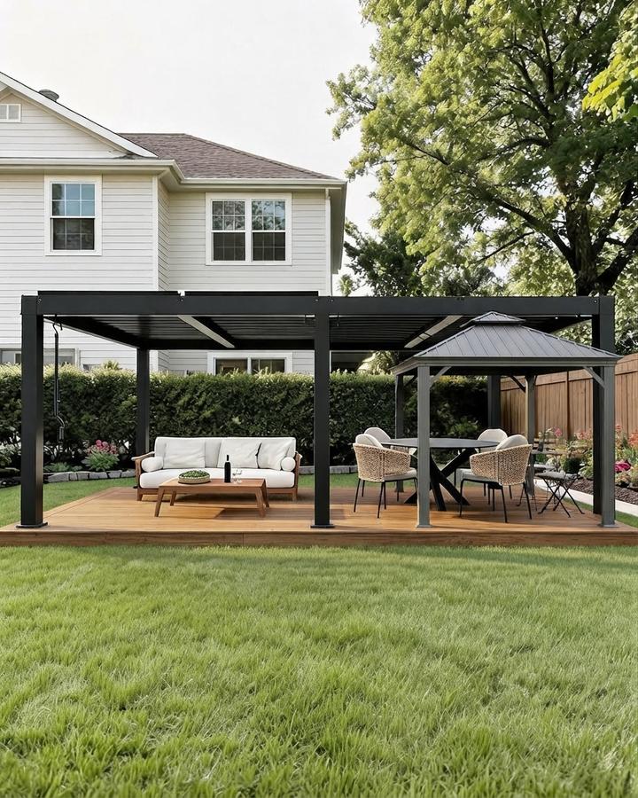 Aluminium louvered pergola over a wooden deck with the slats half closed
