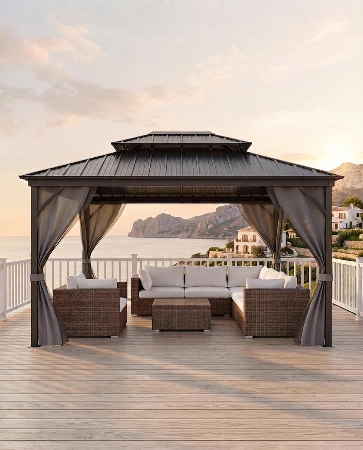 Grey hardtop gazebo with a double steel roof over a patio dining set