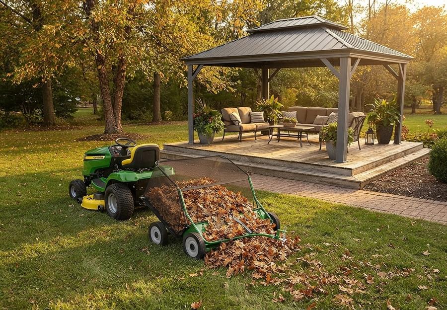 Tow behind lawn sweeper hitched to a riding mower on an autumn lawn