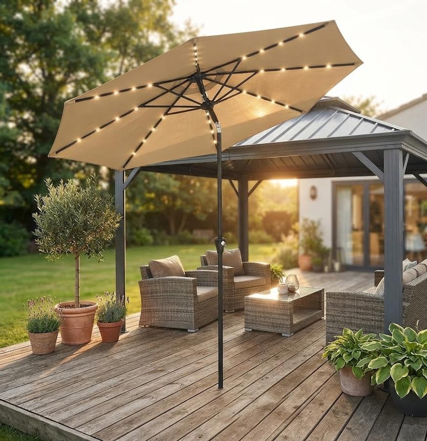 Solar LED patio umbrella lighting an evening table on a deck